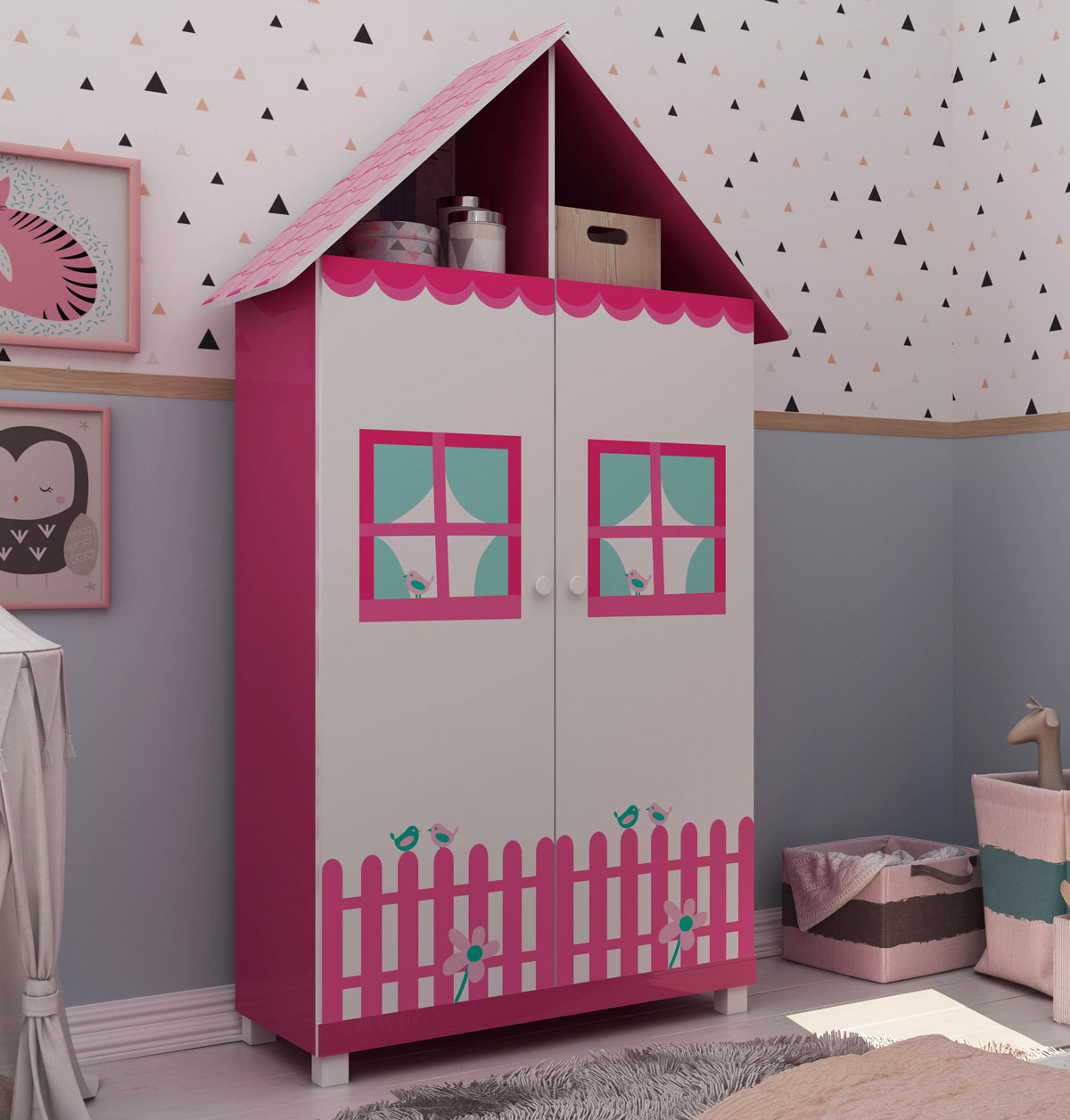Guarda-Roupa 2 Portas Casinha Pink com Branco - Gelius Moveis