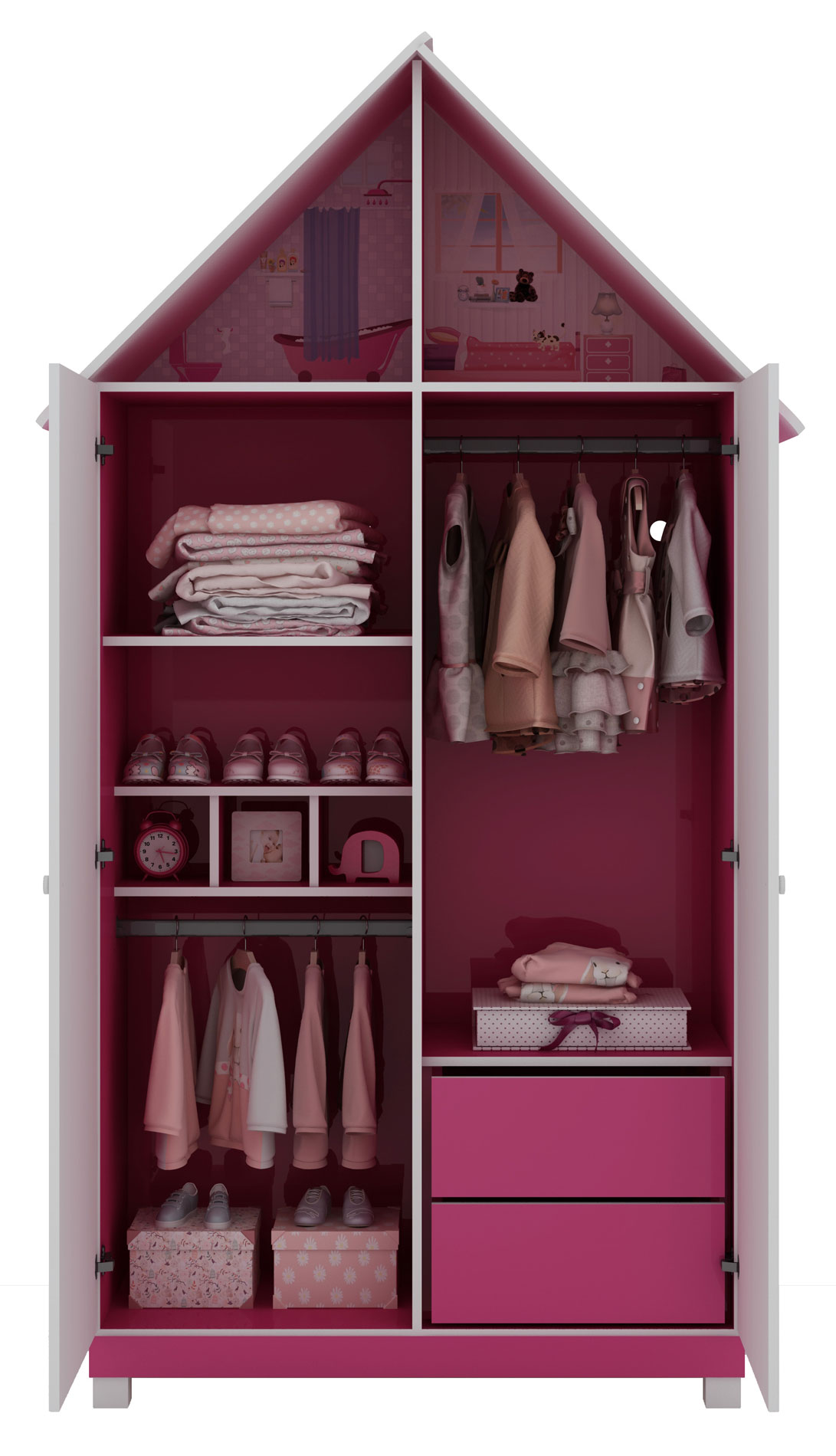 Guarda-Roupa 2 Portas Casinha Pink com Branco - Gelius Moveis