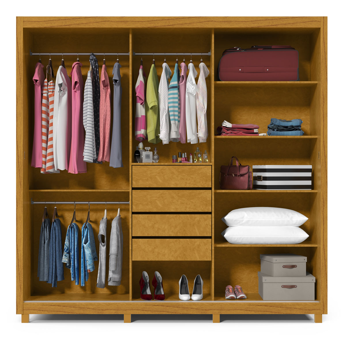 Guarda-Roupa com Espelho 3 Portas e Pés Royale Naturale com Off White - Gelius Móveis