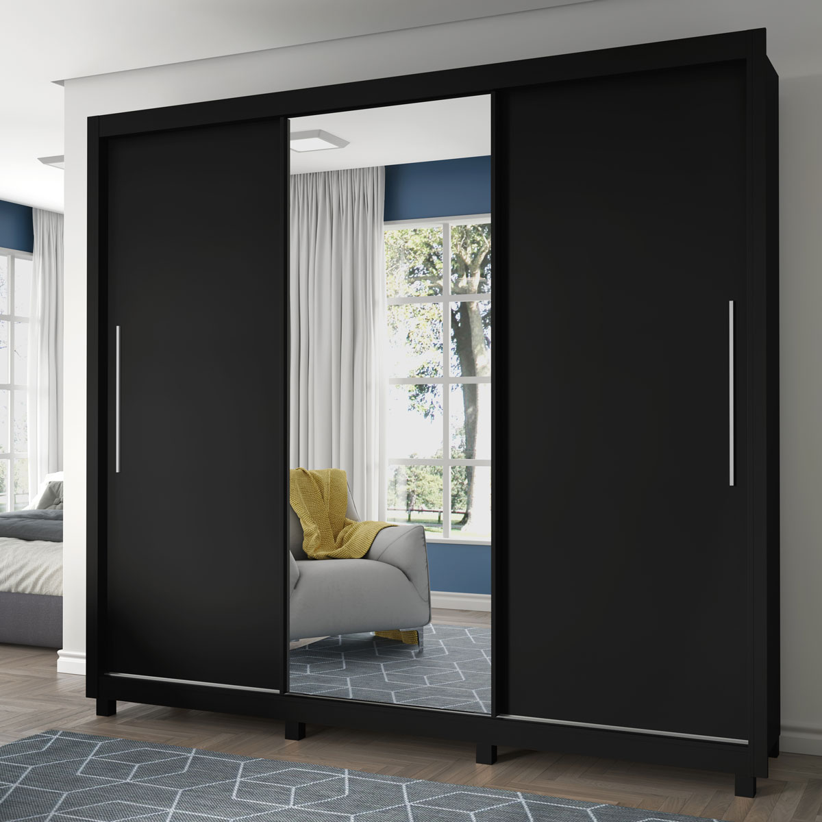 Guarda-Roupa com Espelho 3 Portas e Pés Royale Preto - Gelius Móveis