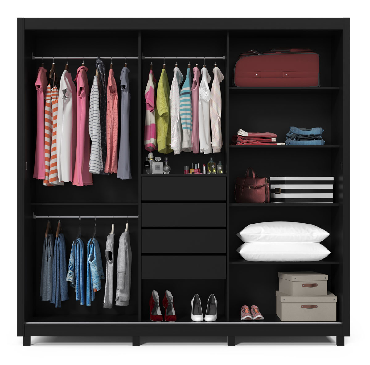 Guarda-Roupa com Espelho 3 Portas e Pés Royale Preto - Gelius Móveis
