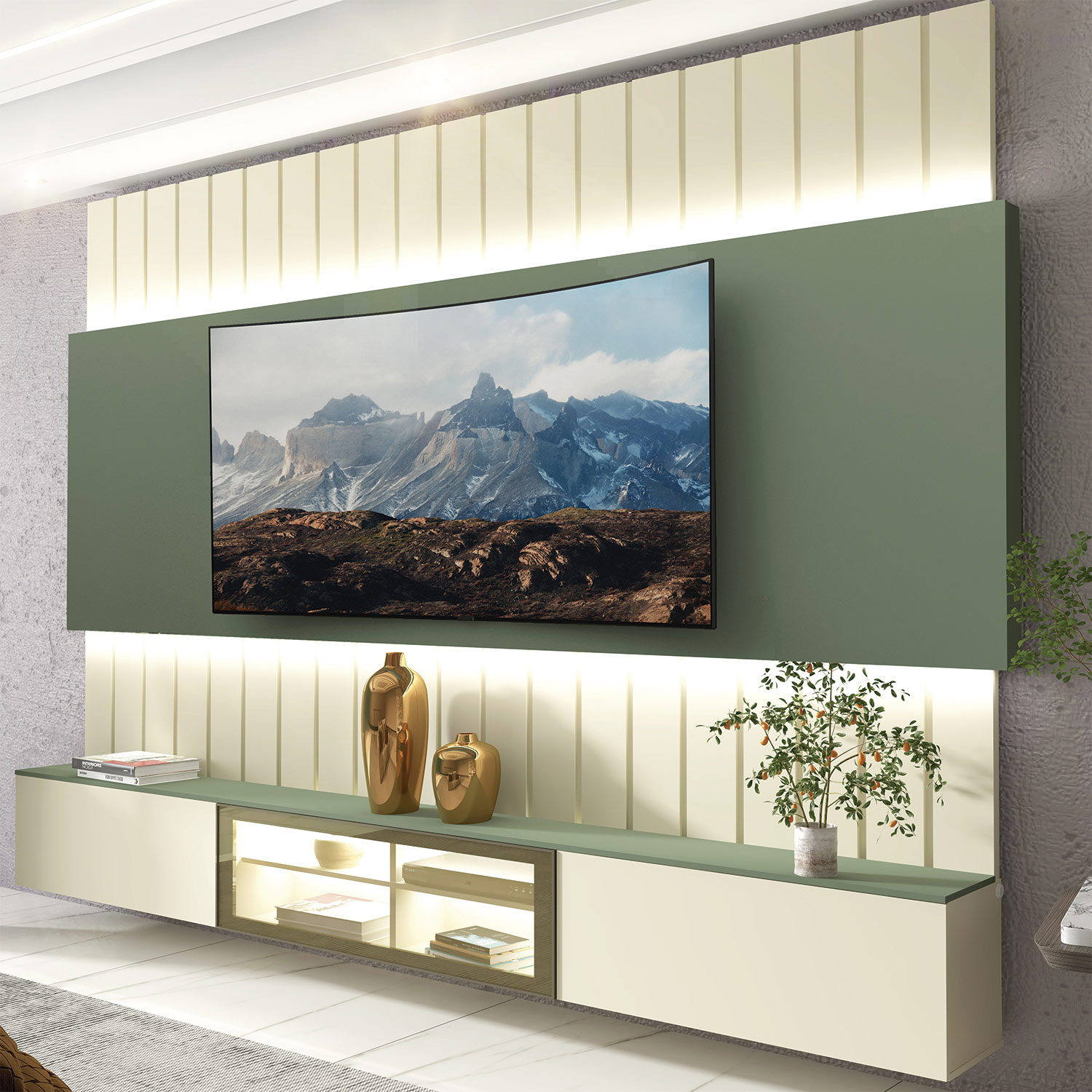 Home Soberano Reflecta 230 com Led Ripas e Compartimentos Verde Floresta com Off White - GELIUS