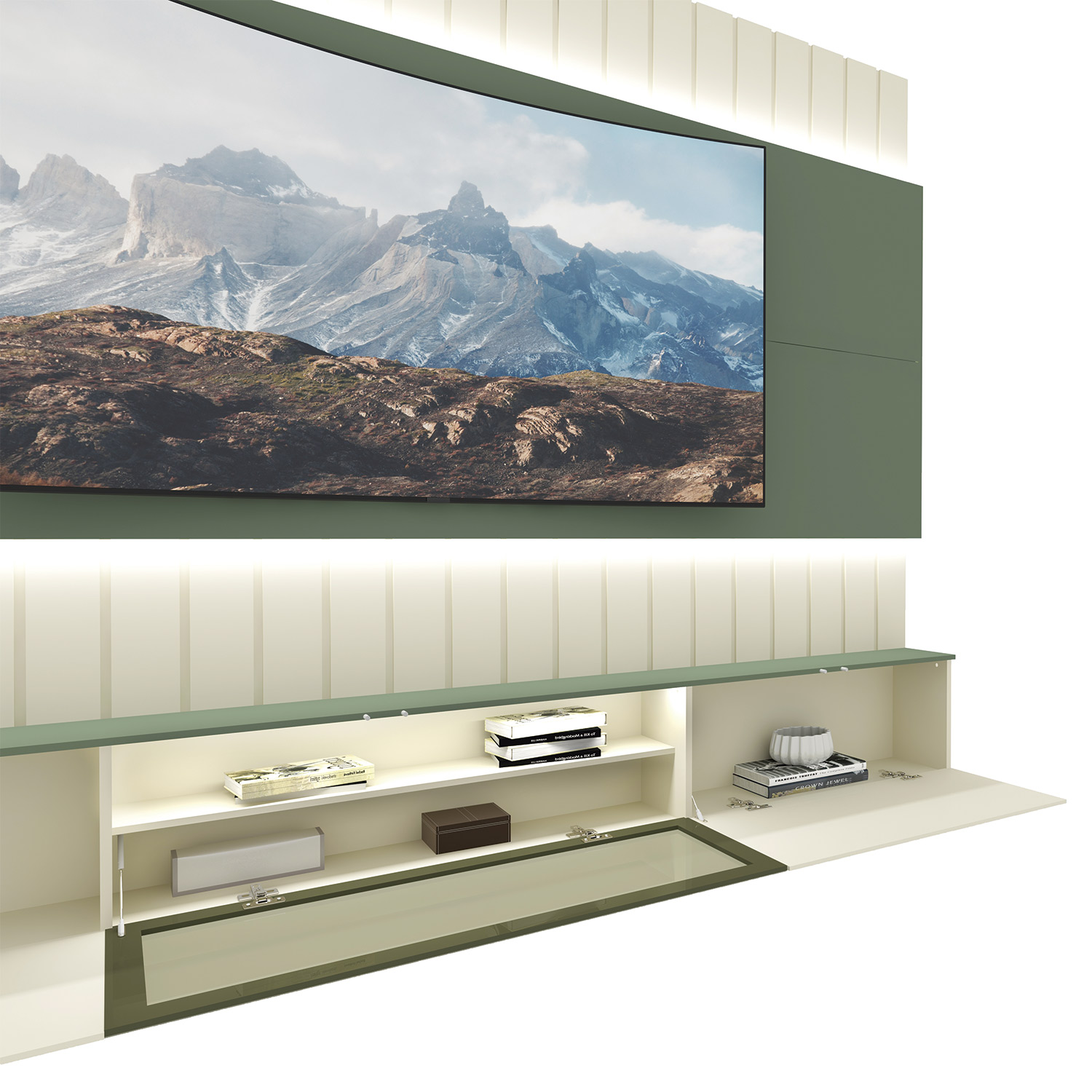 Home Soberano Reflecta 230 com Led Ripas e Compartimentos Verde Floresta com Off White - GELIUS