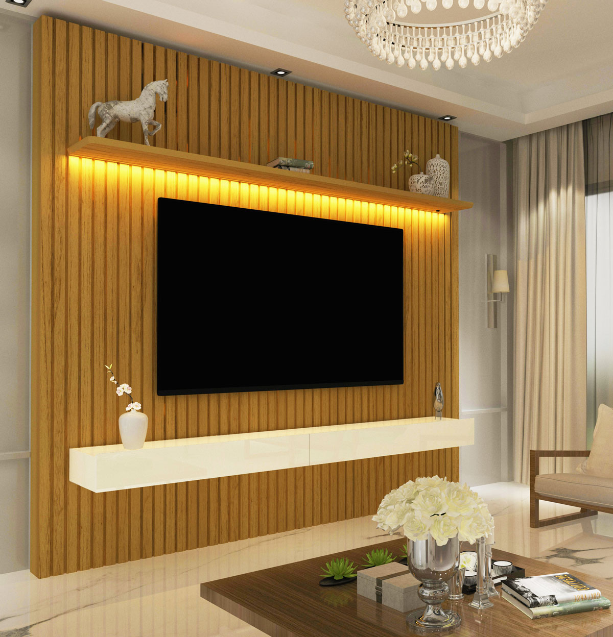 Home Suspenso 1.85 Ripado com LED Nobre Naturale com Off White - Gelius Móveis