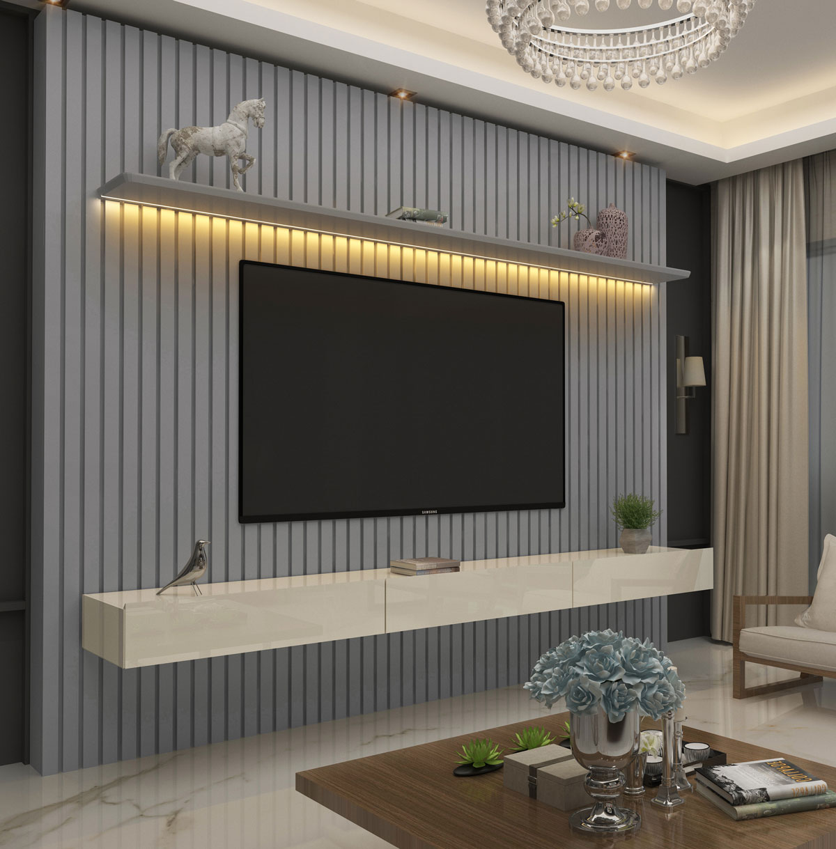 Home Suspenso 2.3 Ripado com LED Nobre Cinza com Off White - Gelius Móveis