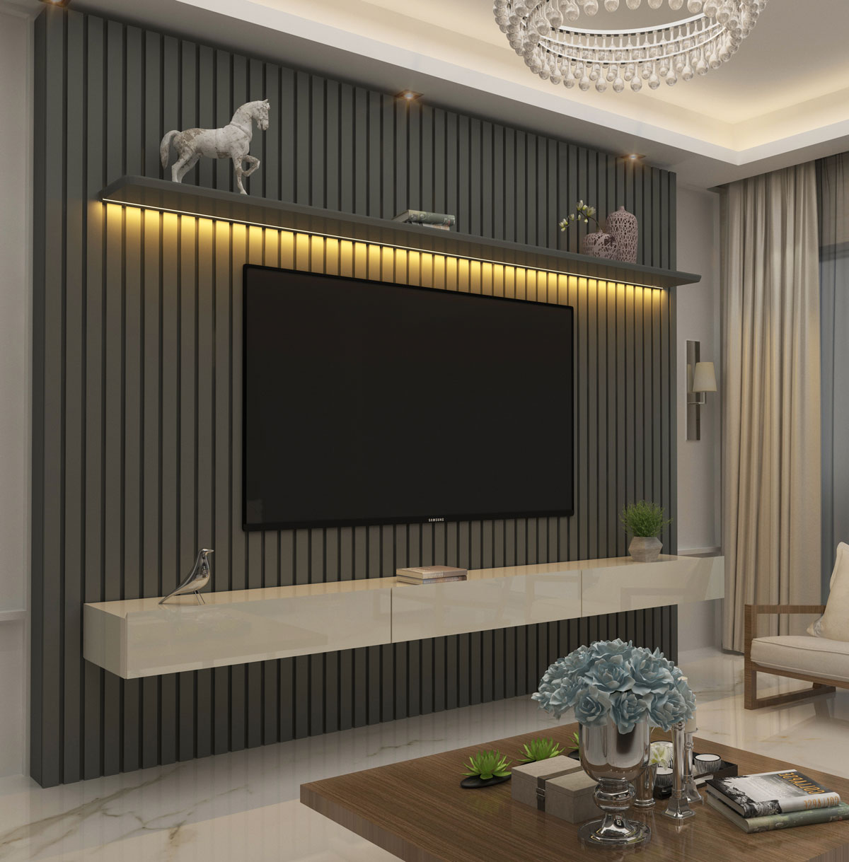 Home Suspenso 2.3 Ripado com LED Nobre Grafite com Off White - Gelius Móveis