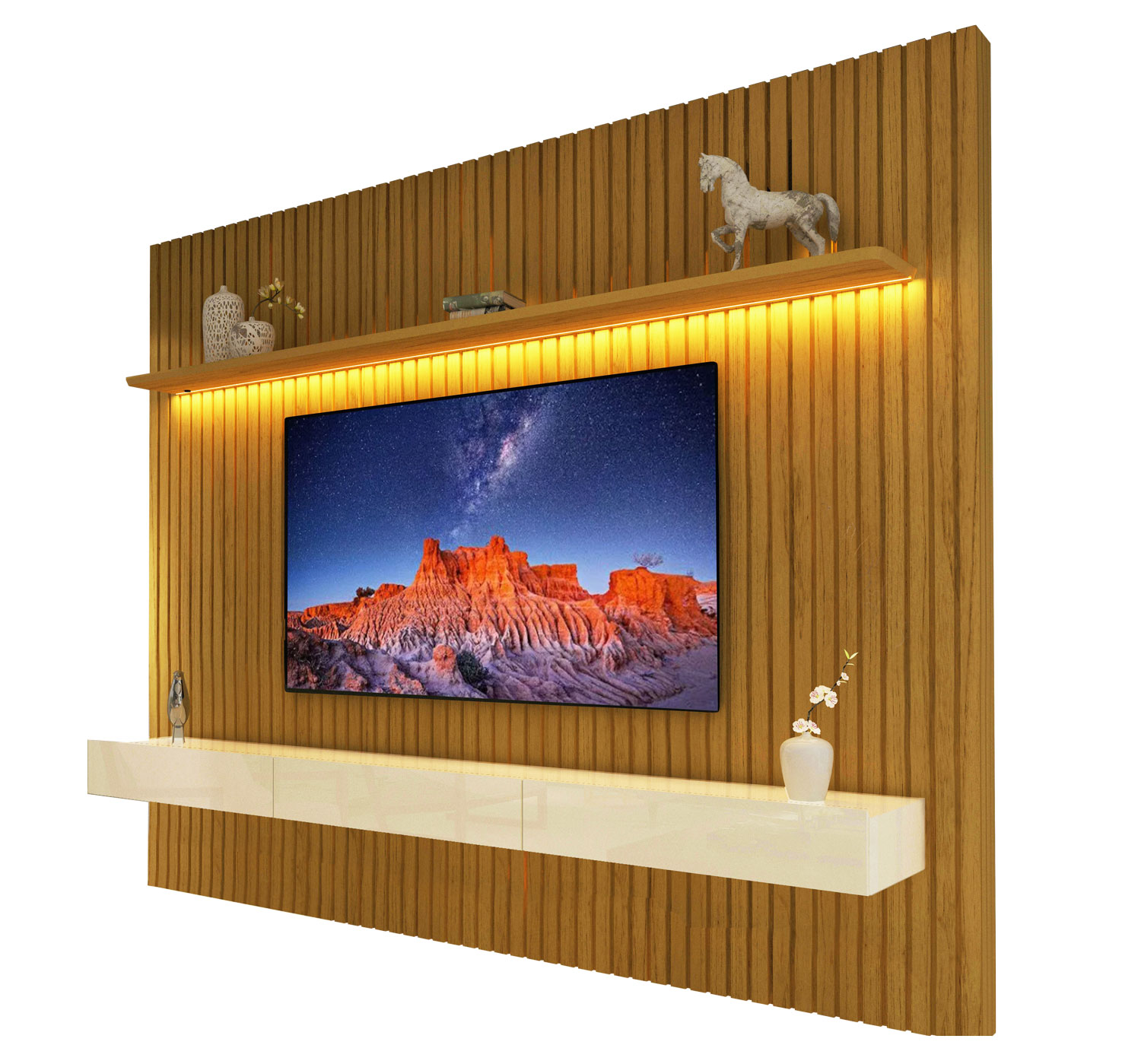 Home Suspenso 2.3 Ripado com LED Nobre Naturale com Off White - Gelius Móveis