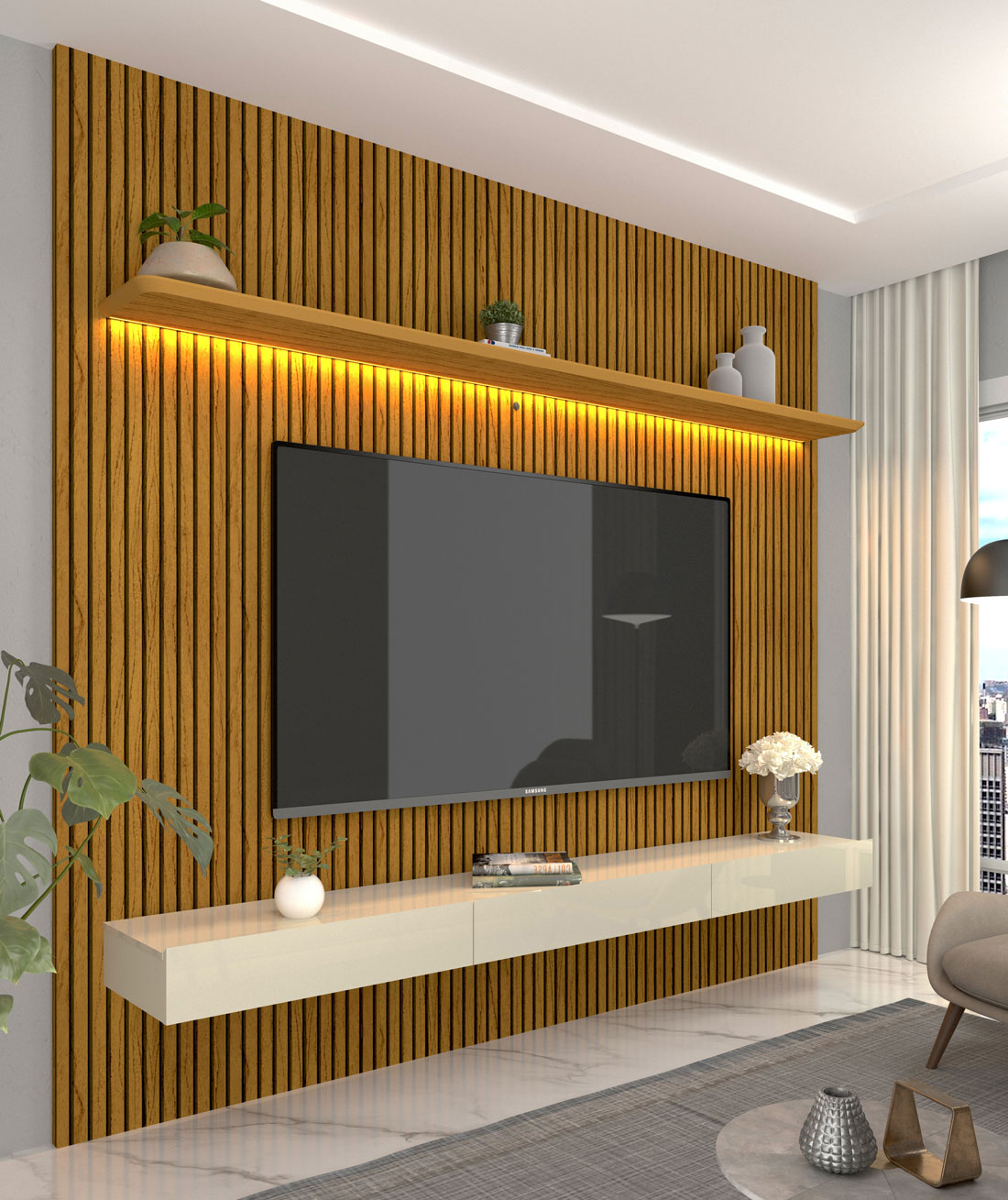 Home Suspenso Requinte 2.2 Ripado com LED Naturale com Off White - Gelius Móveis