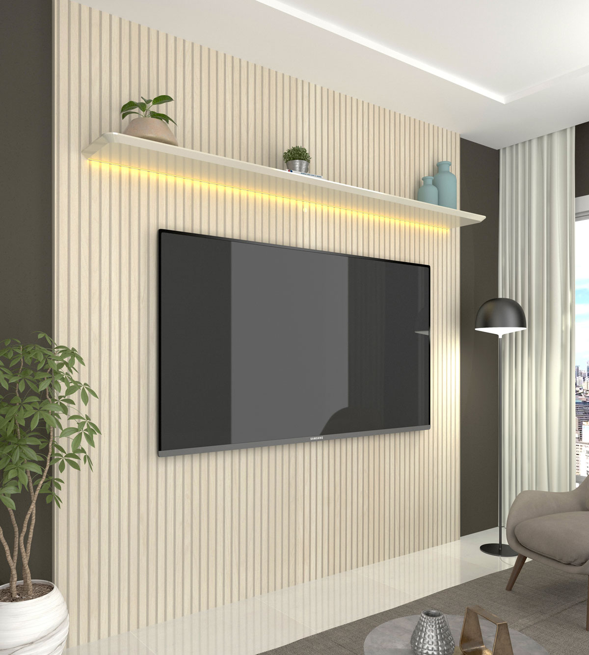 Painel para TV 2.2 Ripado 3D com LED Requinte Off White - Gelius Móveis