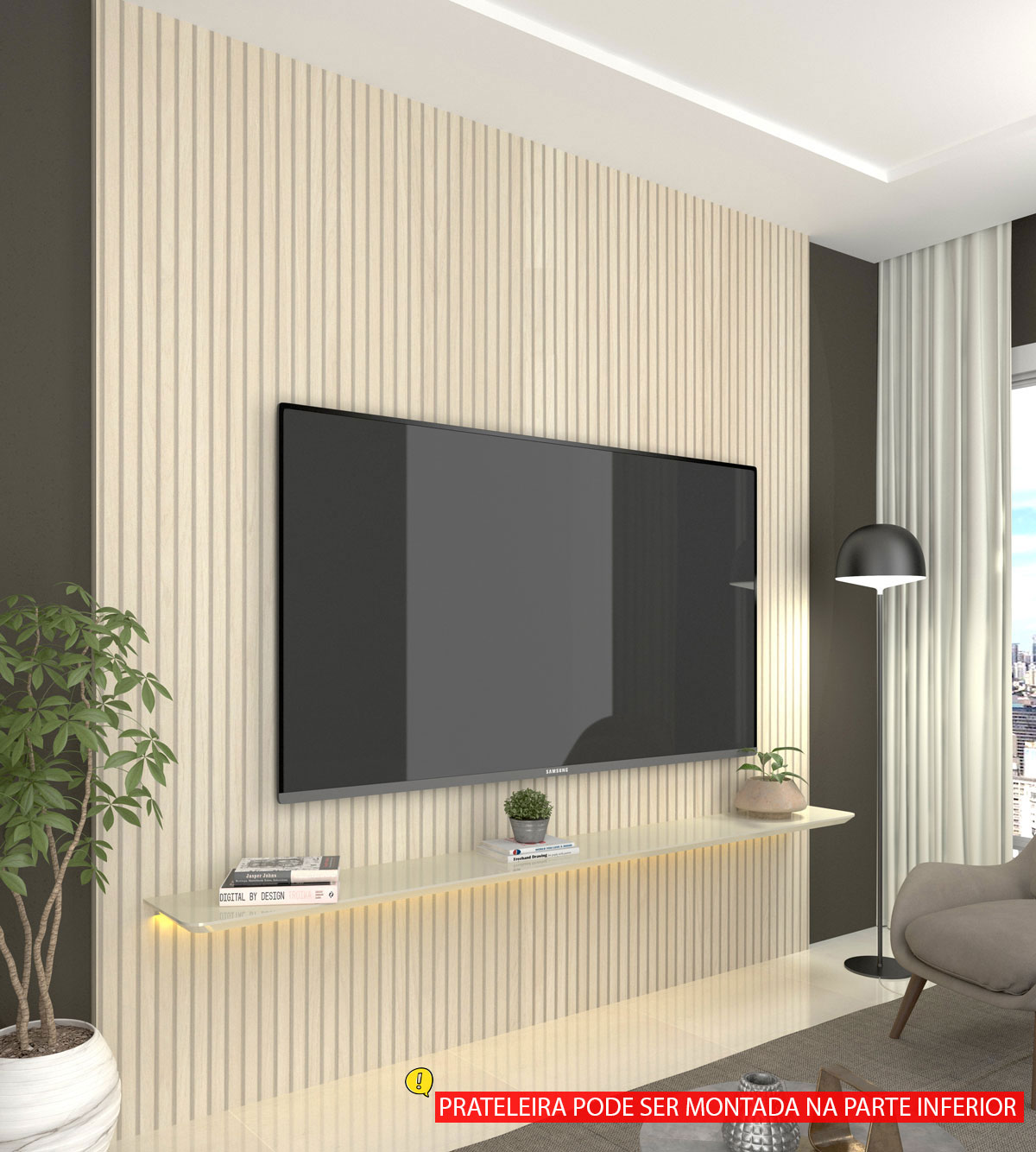 Painel para TV 2.2 Ripado 3D com LED Requinte Off White - Gelius Móveis