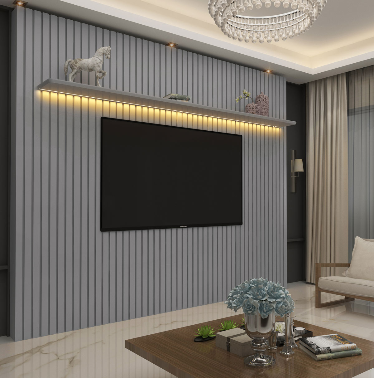 Painel para TV 2.3 Ripado com LED Nobre Cinza - Gelius Móveis