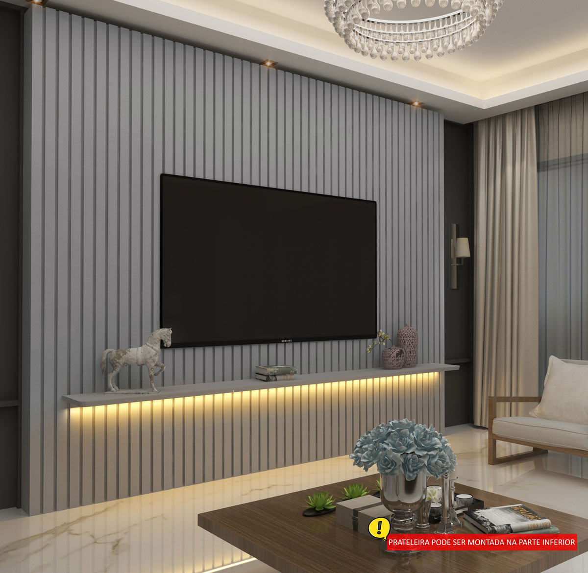 Painel para TV 2.3 Ripado com LED Nobre Cinza - Gelius Móveis