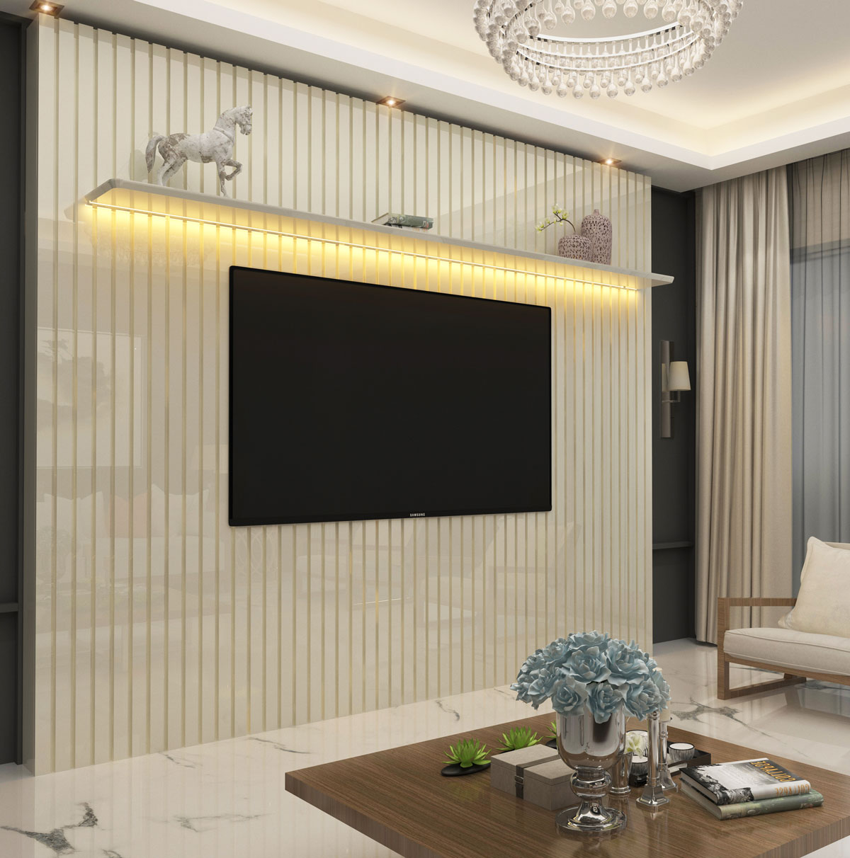 Painel para TV 2.3 Ripado com LED Nobre Off White - Gelius Móveis