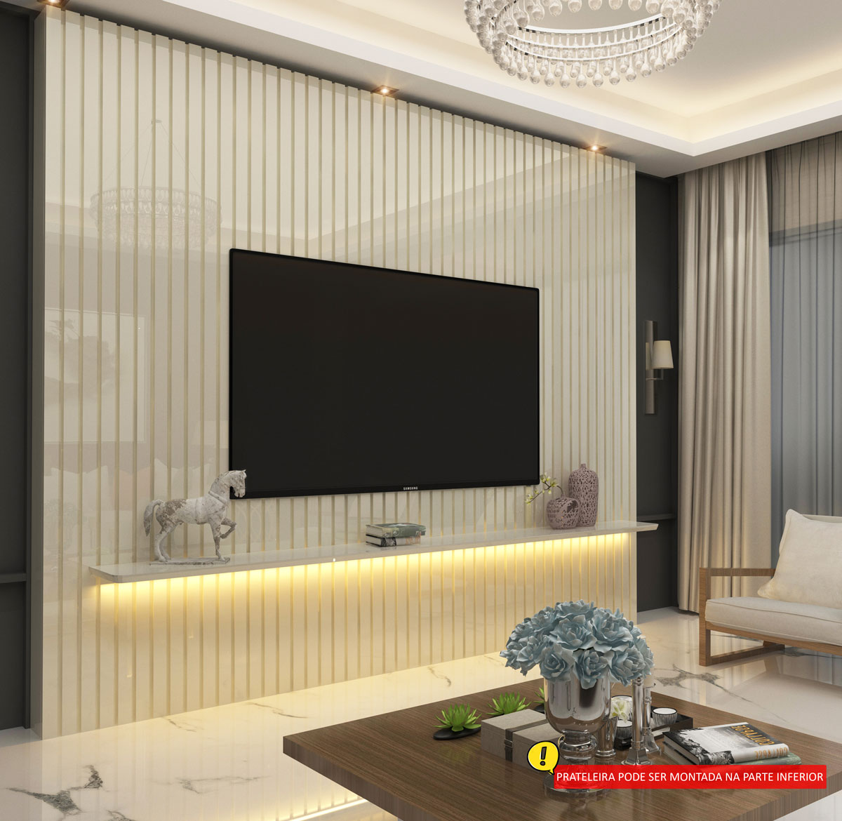 Painel para TV 2.3 Ripado com LED Nobre Off White - Gelius Móveis