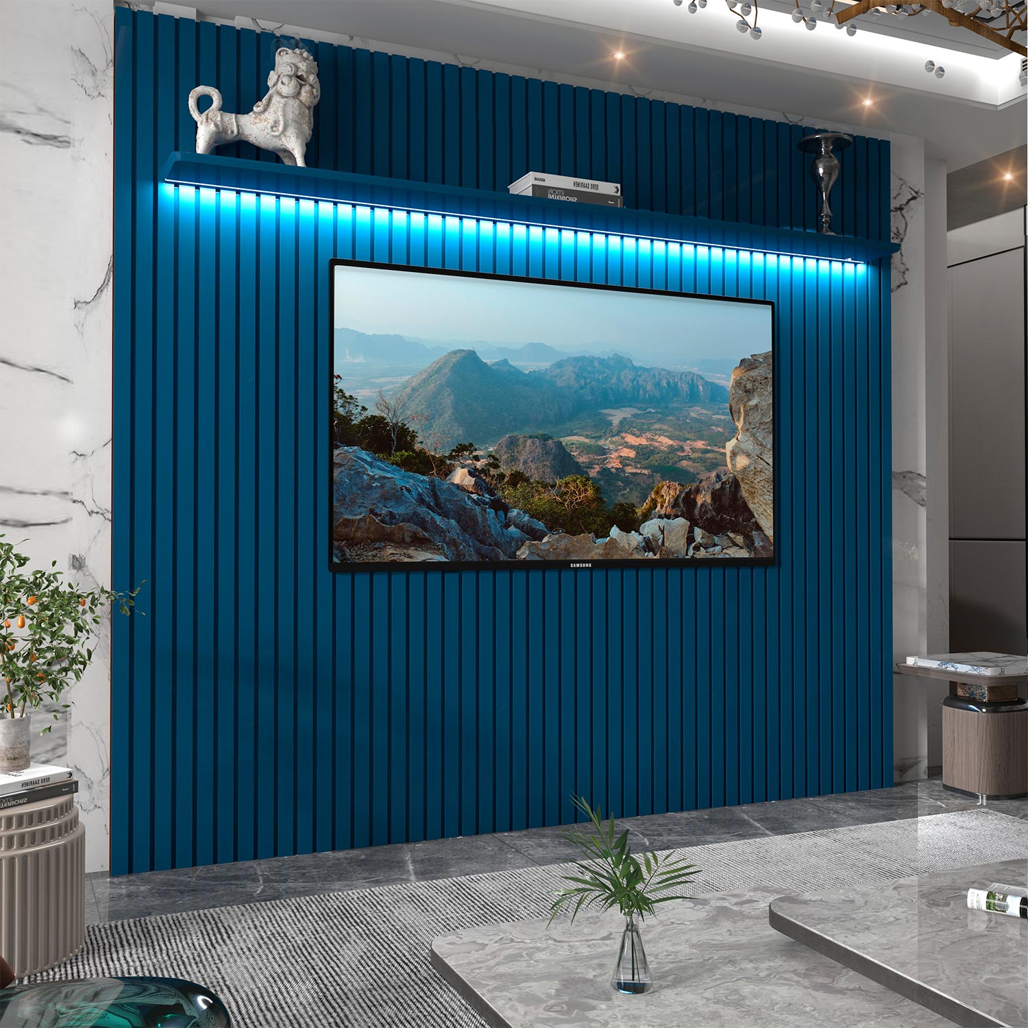 Painel para TV Ripado Com Led Nobre 2.3 Azul Royal - Gelius Móveis