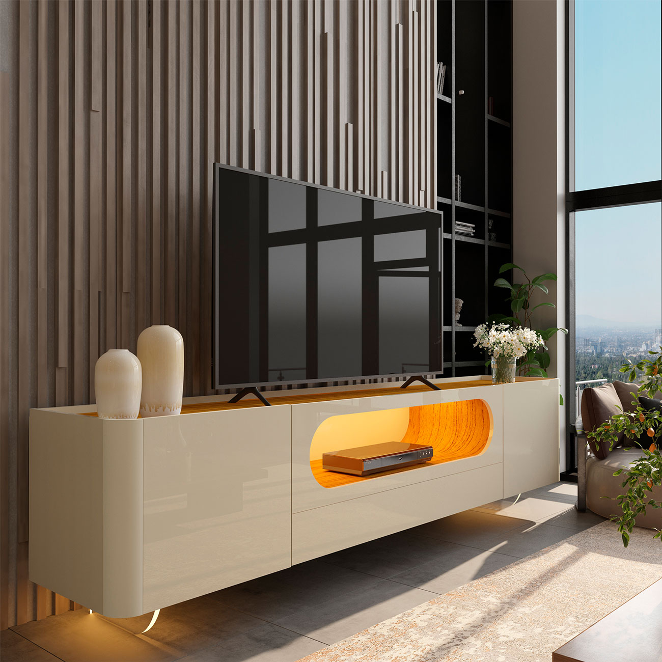 Rack Nobre 2.1 com Pés de Vidro Offwhite com Nature - Gelius