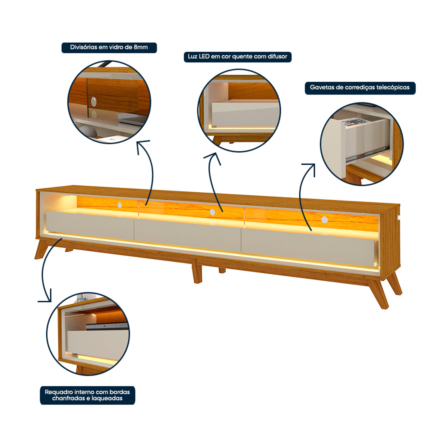Rack Requinte 2.6 com LED Naturale com Off White - Gelius Móveis