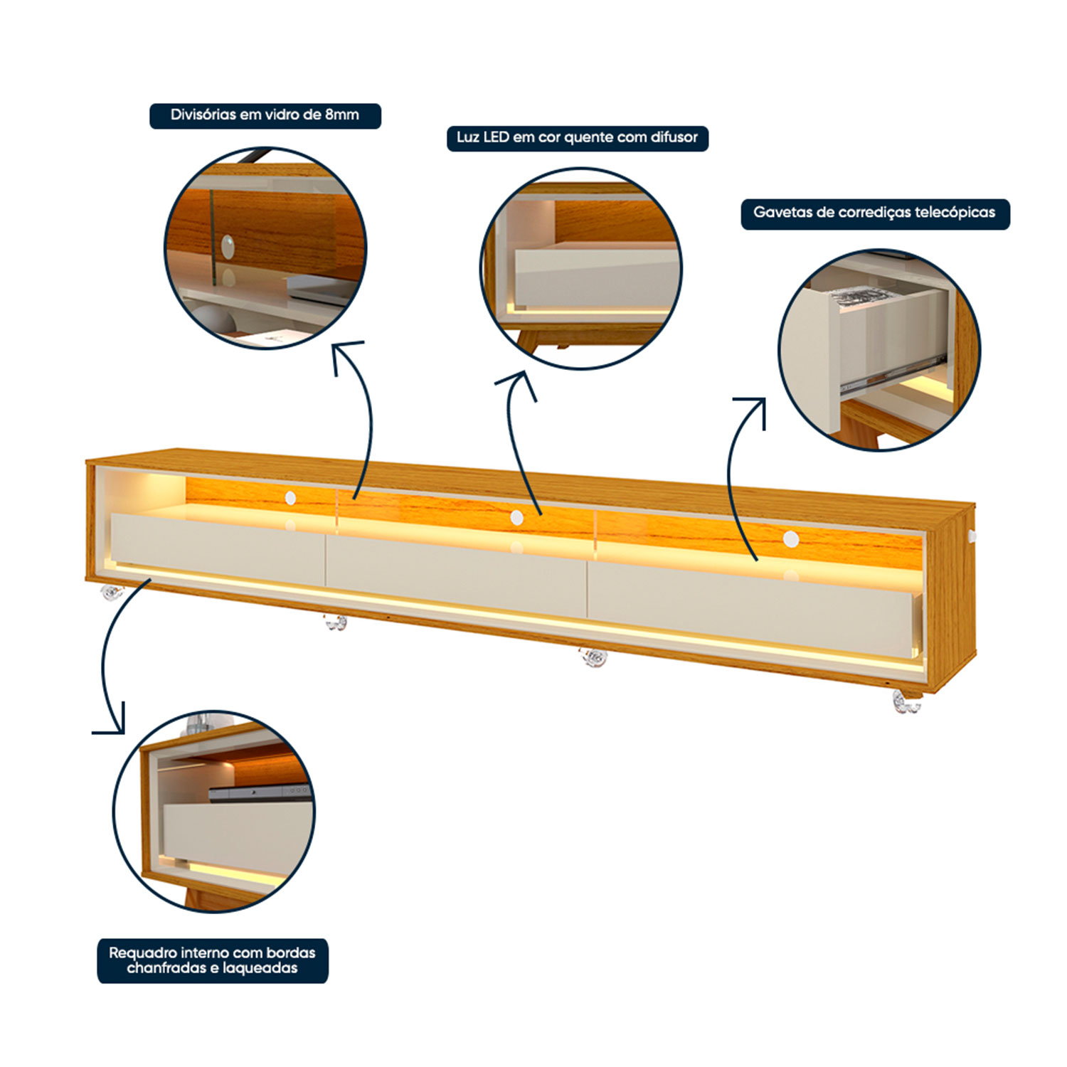 Rack Requinte 2.6 com LED e Rodízio Naturale com Off White - Gelius Móveis