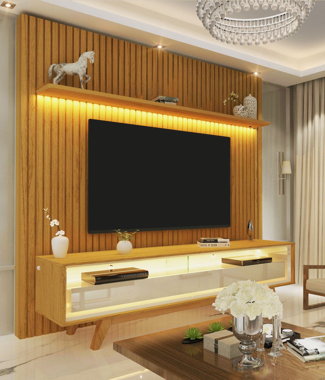 Rack Retrô com Painel 1.85 Ripado com LED Nobre Naturale com Off White - Gelius Móveis
