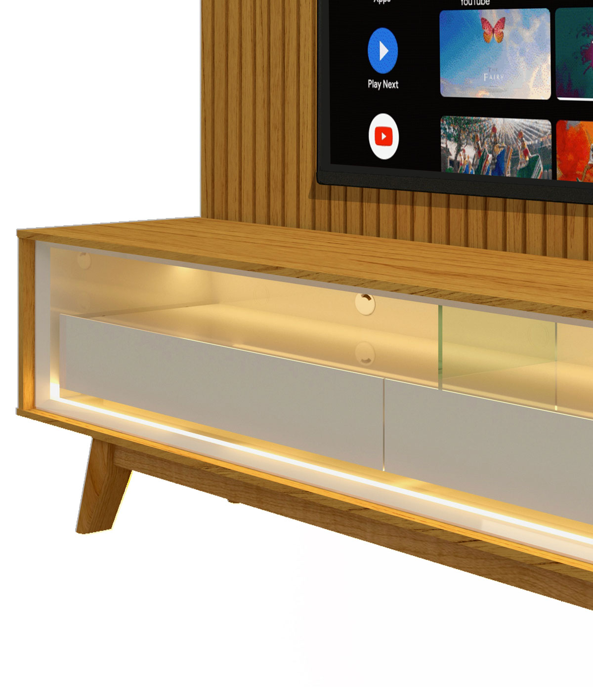 Rack Retrô com Painel 1.85 Ripado com LED Nobre Naturale com Off White - Gelius Móveis