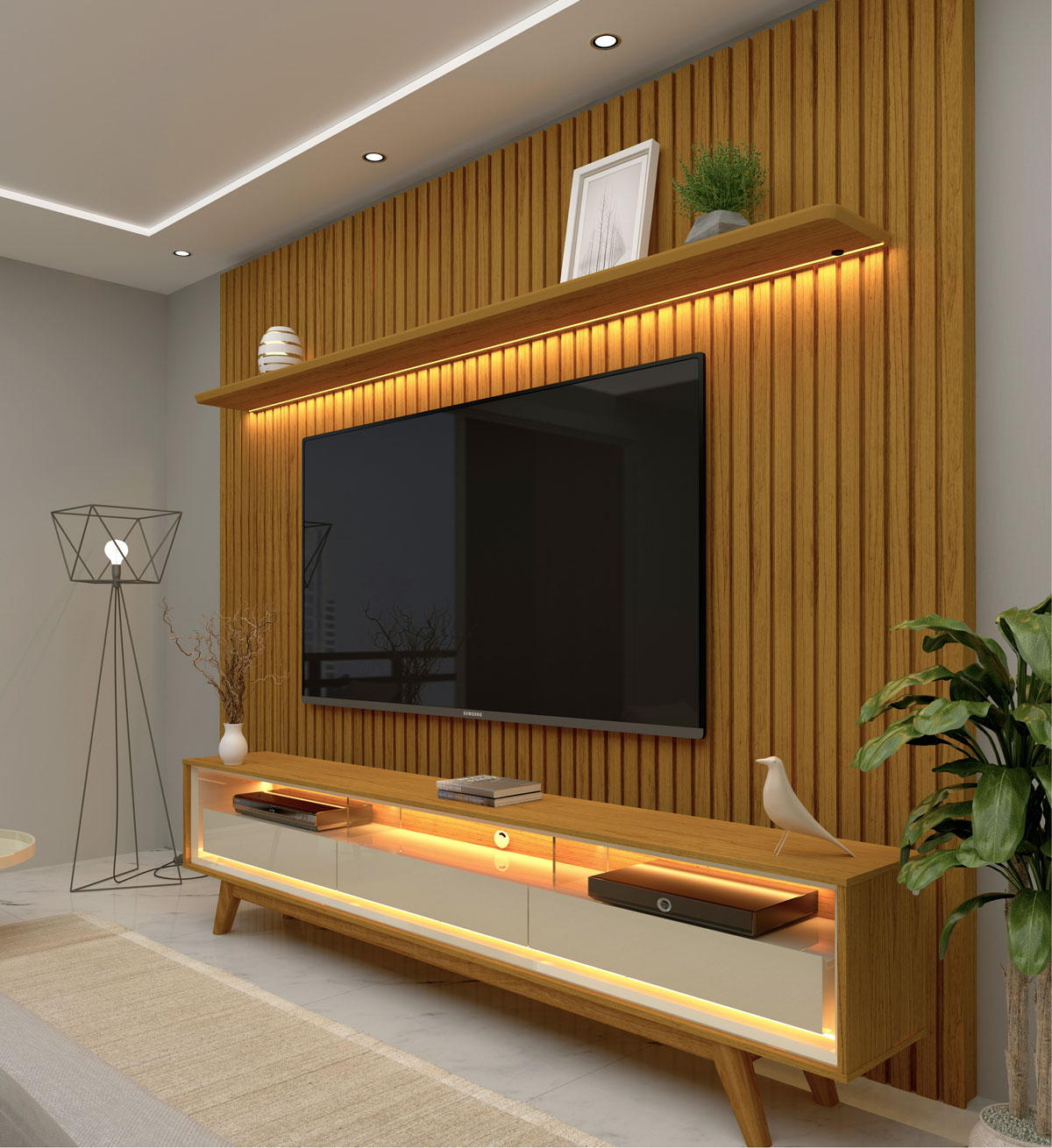 Rack Retrô com Painel 2.3 Ripado com LED Nobre Naturale com Off White - Gelius Móveis