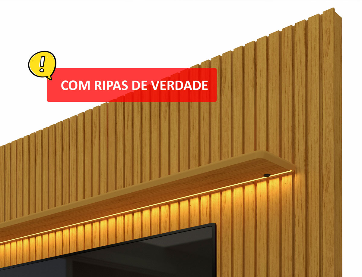 Rack Retrô com Painel 2.3 Ripado com LED Nobre Naturale com Off White - Gelius Móveis