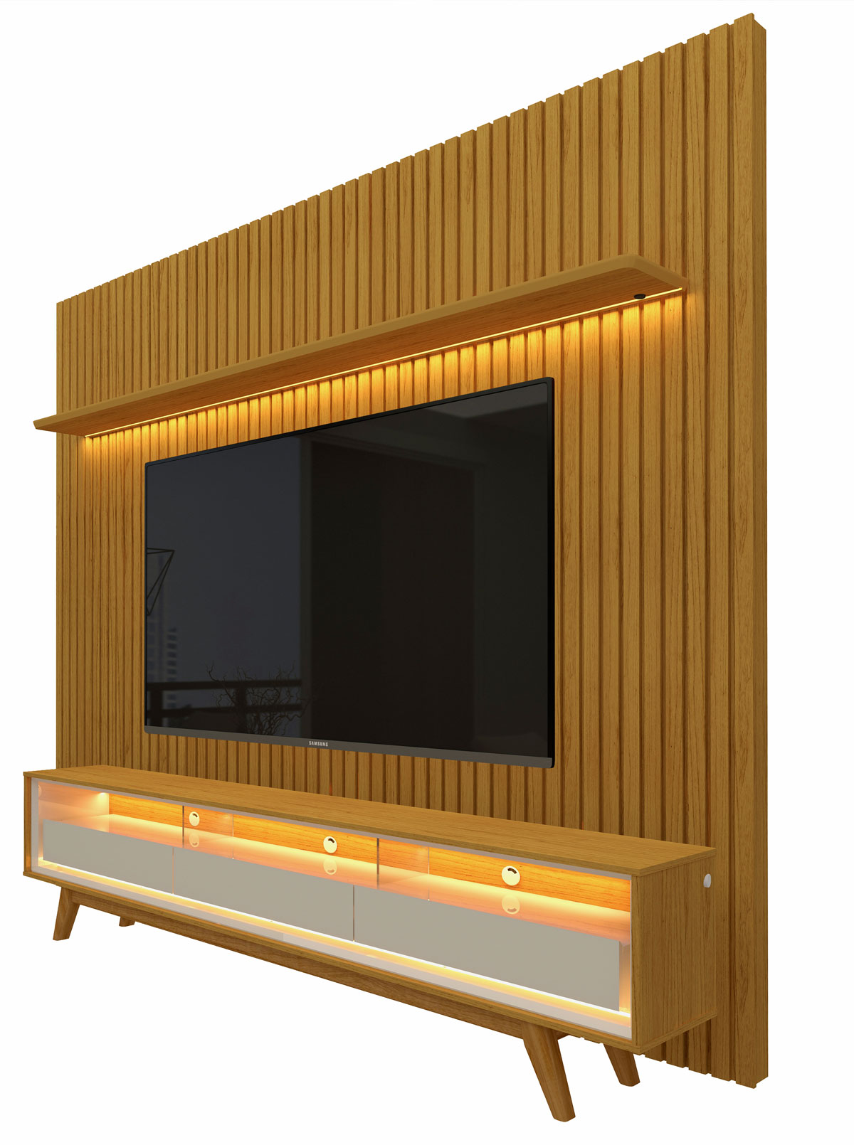 Rack Retrô com Painel 2.3 Ripado com LED Nobre Naturale com Off White - Gelius Móveis