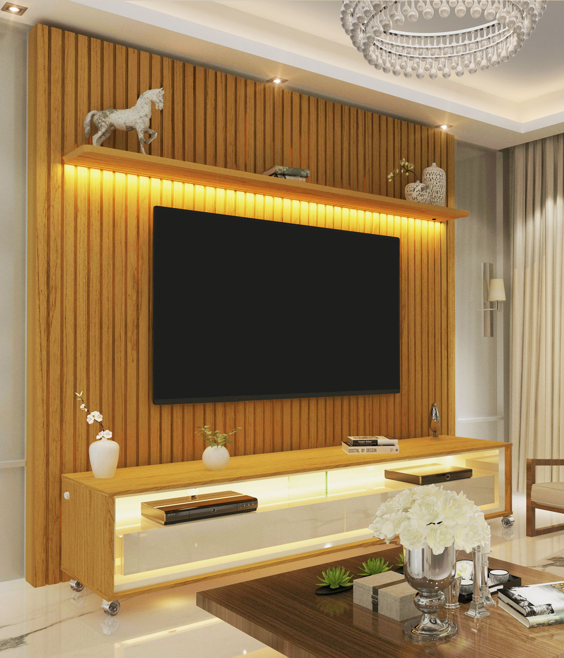 Rack com Painel 1.85 Ripado com LED e Rodízio Nobre Naturale com Off White - Gelius Móveis