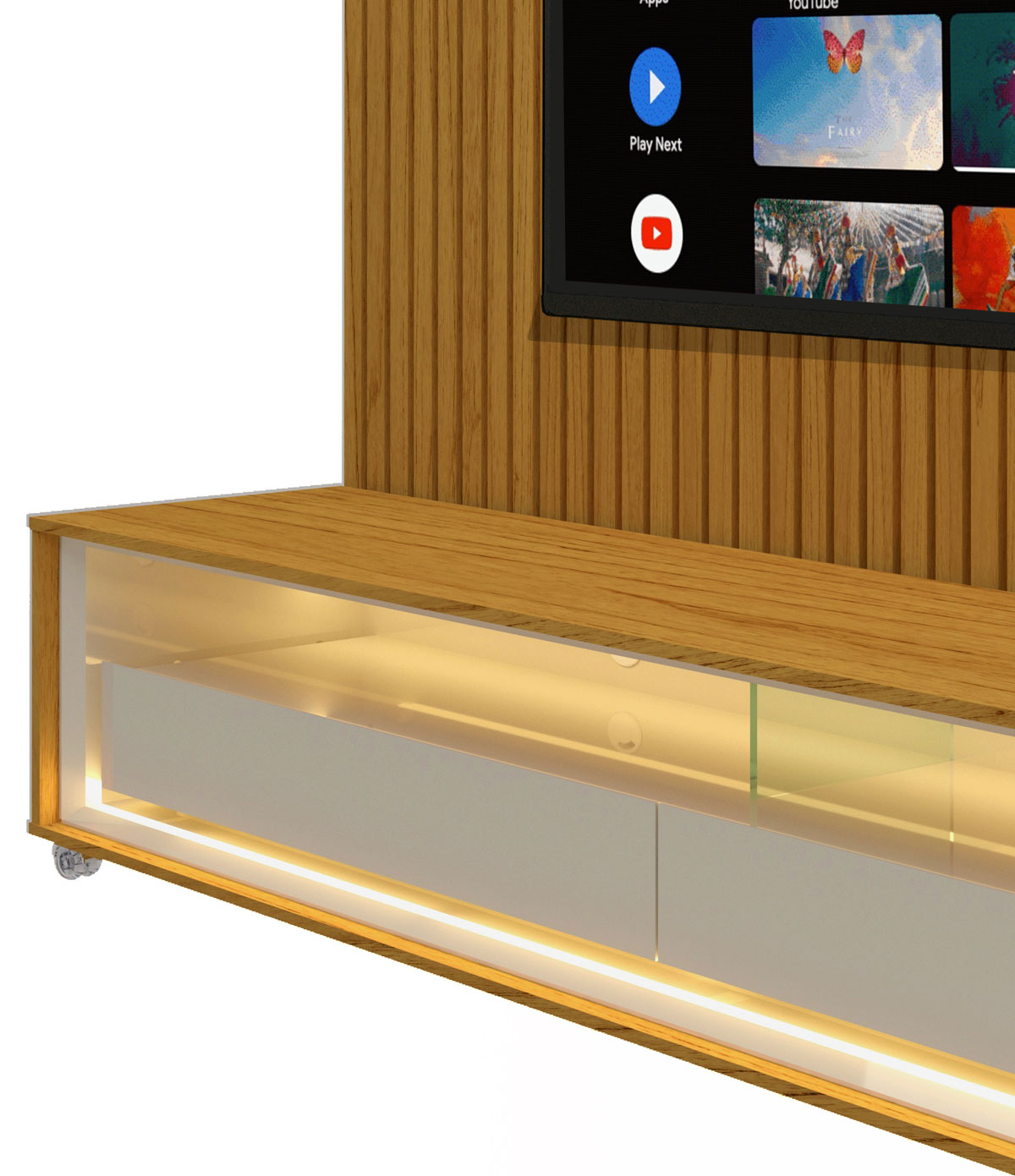 Rack com Painel 1.85 Ripado com LED e Rodízio Nobre Naturale com Off White - Gelius Móveis