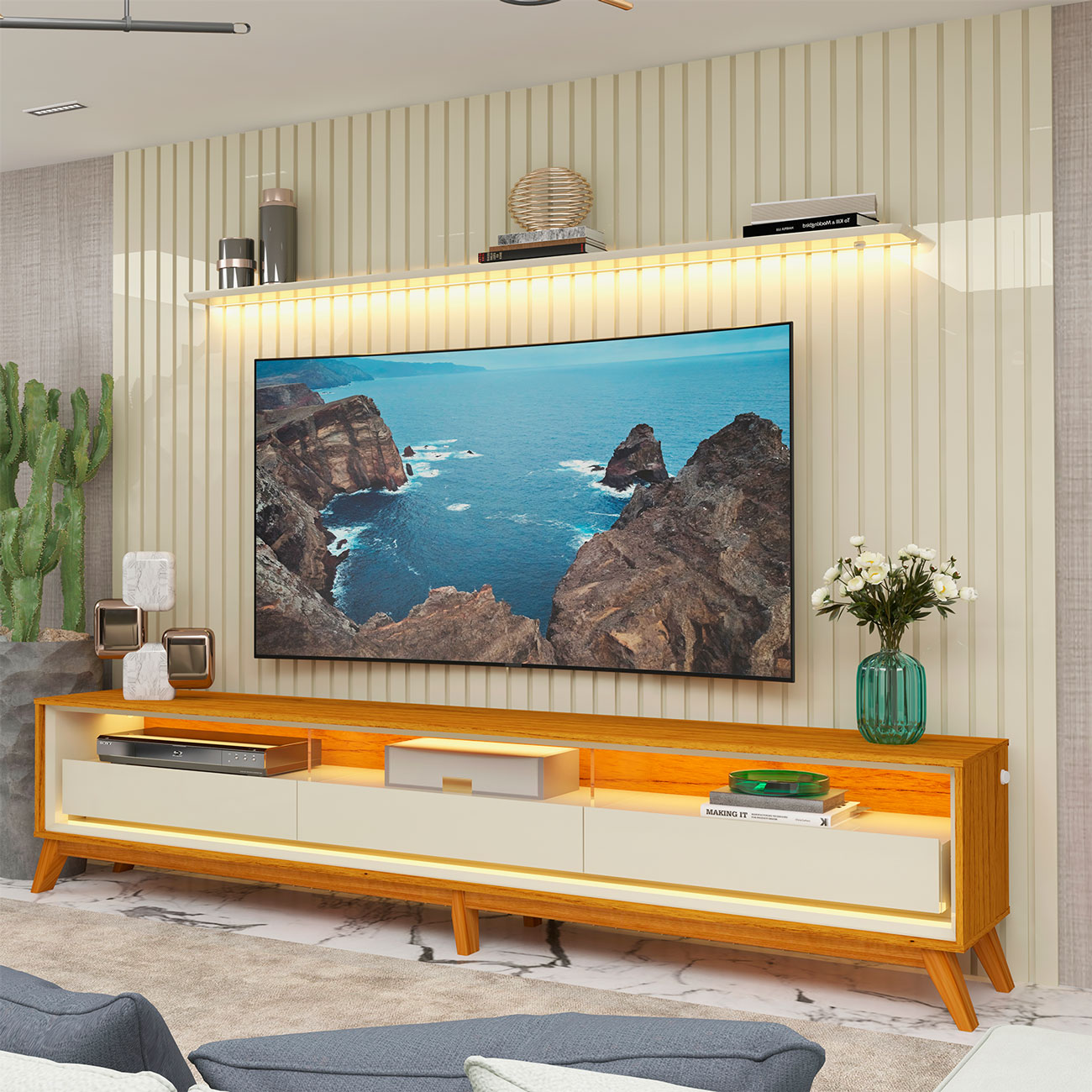 Rack com Painel Nobre 2.75 C/Pés Madeira Off White com Naturale - Gelius Móveis