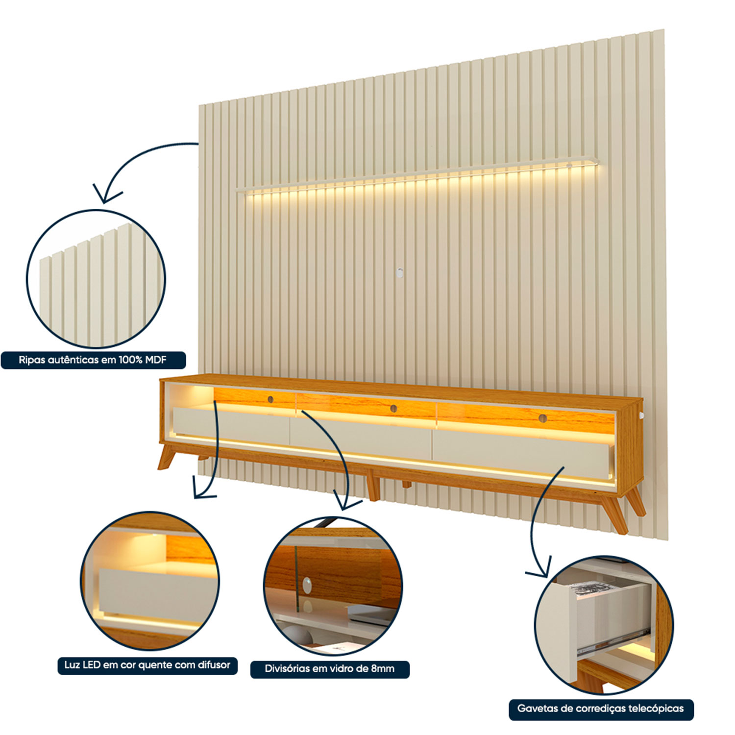 Rack com Painel Nobre 2.75 C/Pés Madeira Off White com Naturale - Gelius Móveis