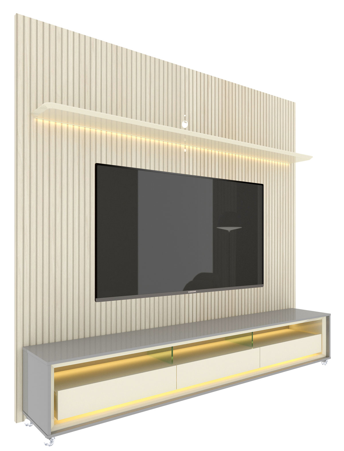 Rack com Painel Requinte 2.2 Ripado 3D com Led Cinza com Off White - Gelius Móveis
