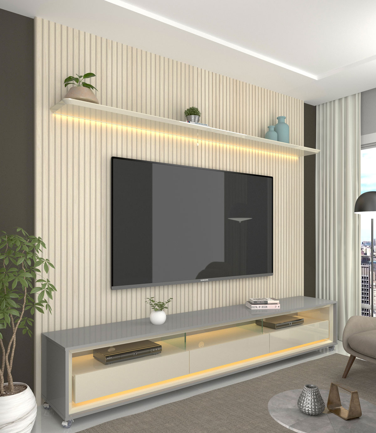 Rack com Painel Requinte 2.2 Ripado 3D com Led Cinza com Off White - Gelius Móveis