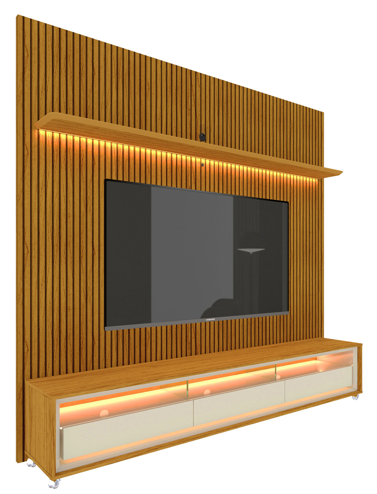 Rack com Painel Requinte 2.2 Ripado 3D com Led Naturale com Off White - Gelius Móveis