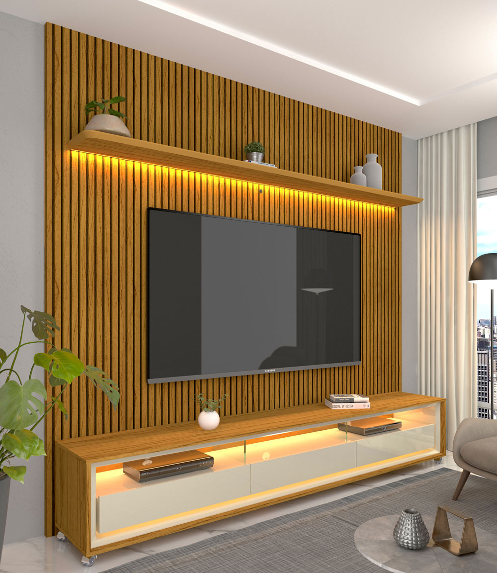 Rack com Painel Requinte 2.2 Ripado 3D com Led Naturale com Off White - Gelius Móveis