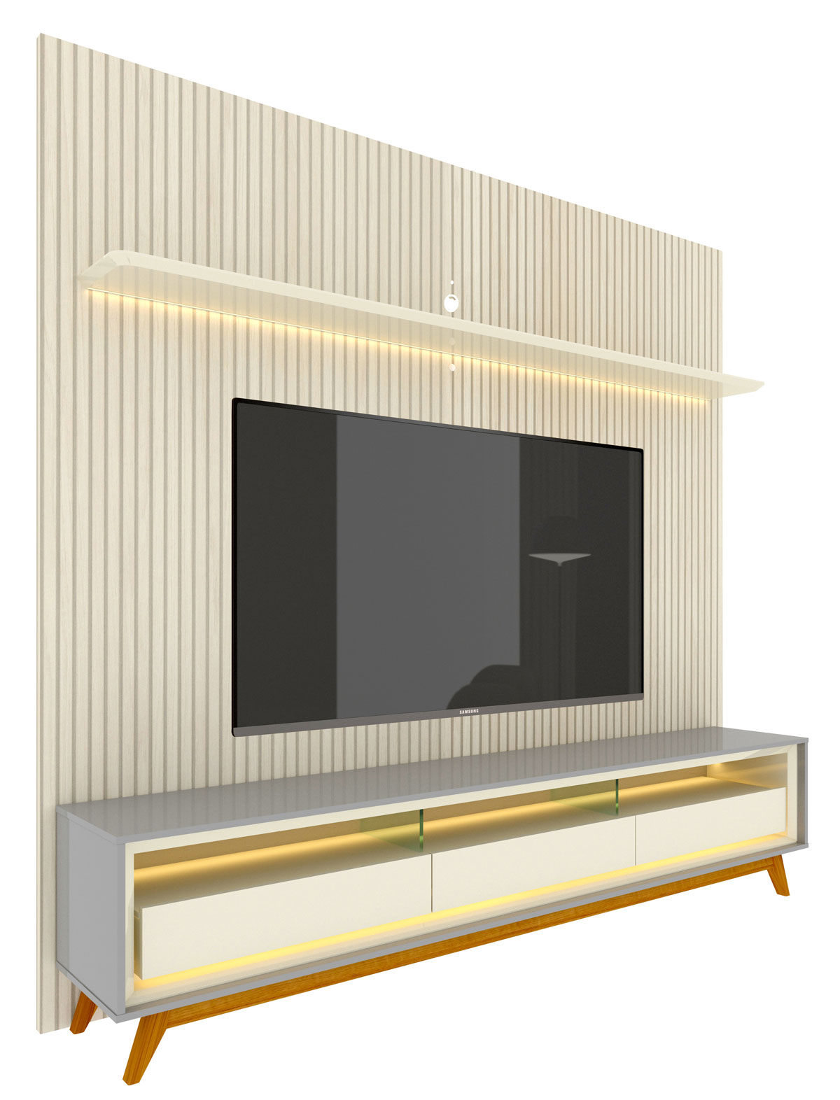 Rack com Painel Requinte Retrô 2.2 Ripado 3D com Led Requinte Cinza com Off White - Gelius Móveis