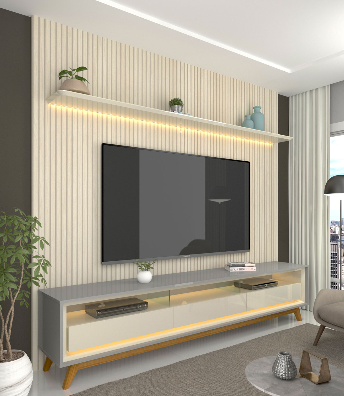 Rack com Painel Requinte Retrô 2.2 Ripado 3D com Led Requinte Cinza com Off White - Gelius Móveis