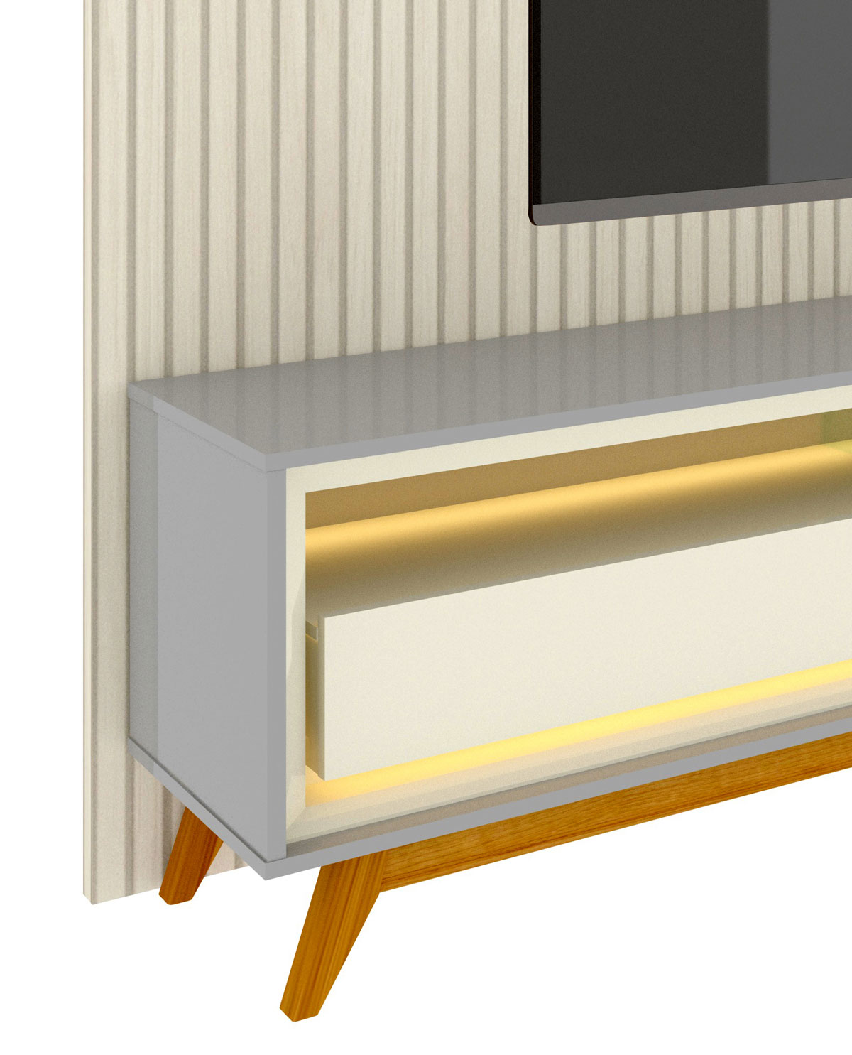 Rack com Painel Requinte Retrô 2.2 Ripado 3D com Led Requinte Cinza com Off White - Gelius Móveis