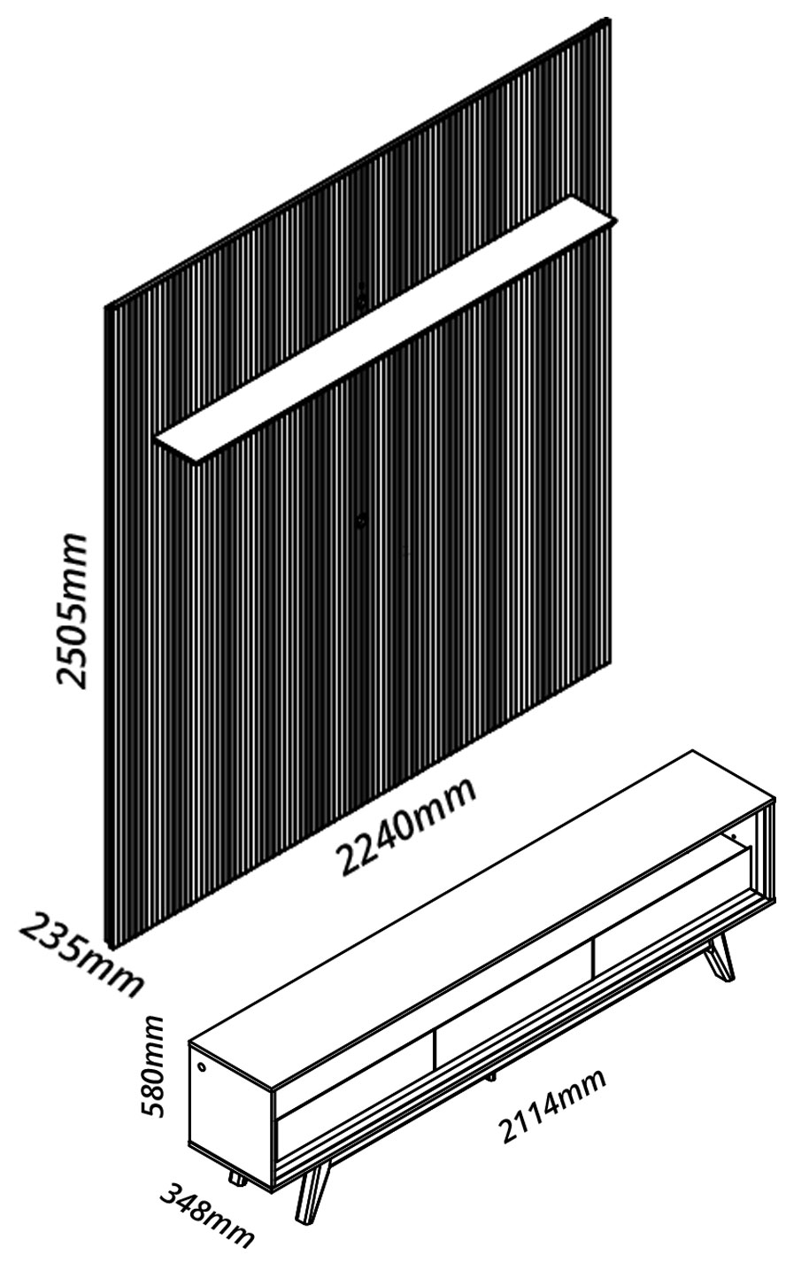 Rack com Painel Requinte Retrô 2.2 Ripado 3D com Led Requinte Cinza com Off White - Gelius Móveis
