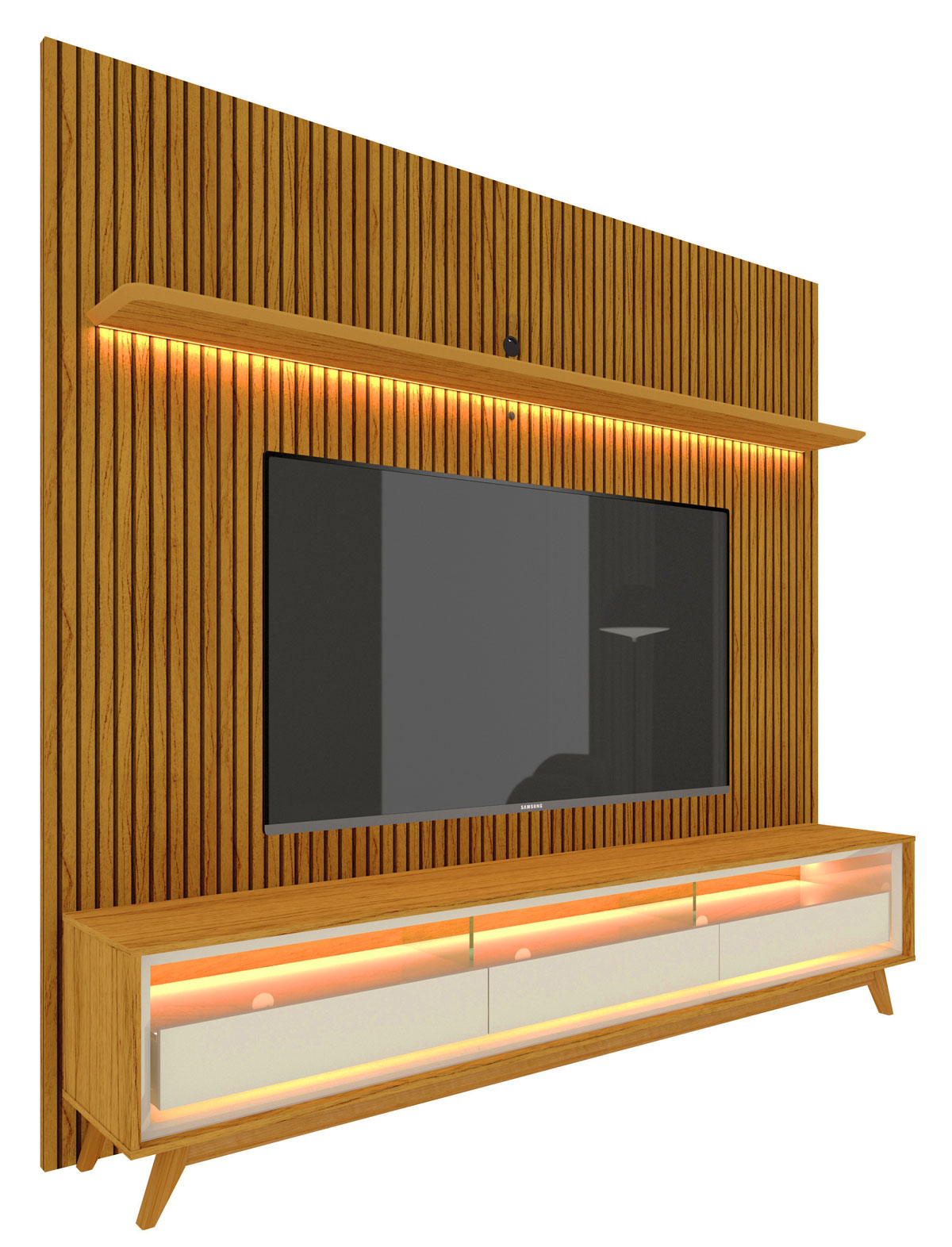 Rack com Painel Requinte Retrô 2.2 Ripado 3D com Led Requinte Naturale com Off White - Gelius Móveis