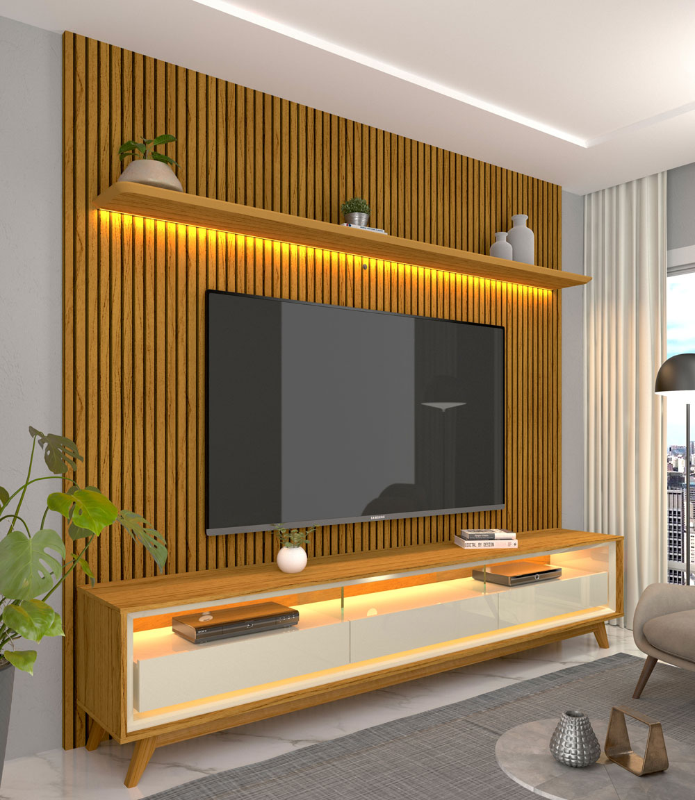 Rack com Painel Requinte Retrô 2.2 Ripado 3D com Led Requinte Naturale com Off White - Gelius Móveis