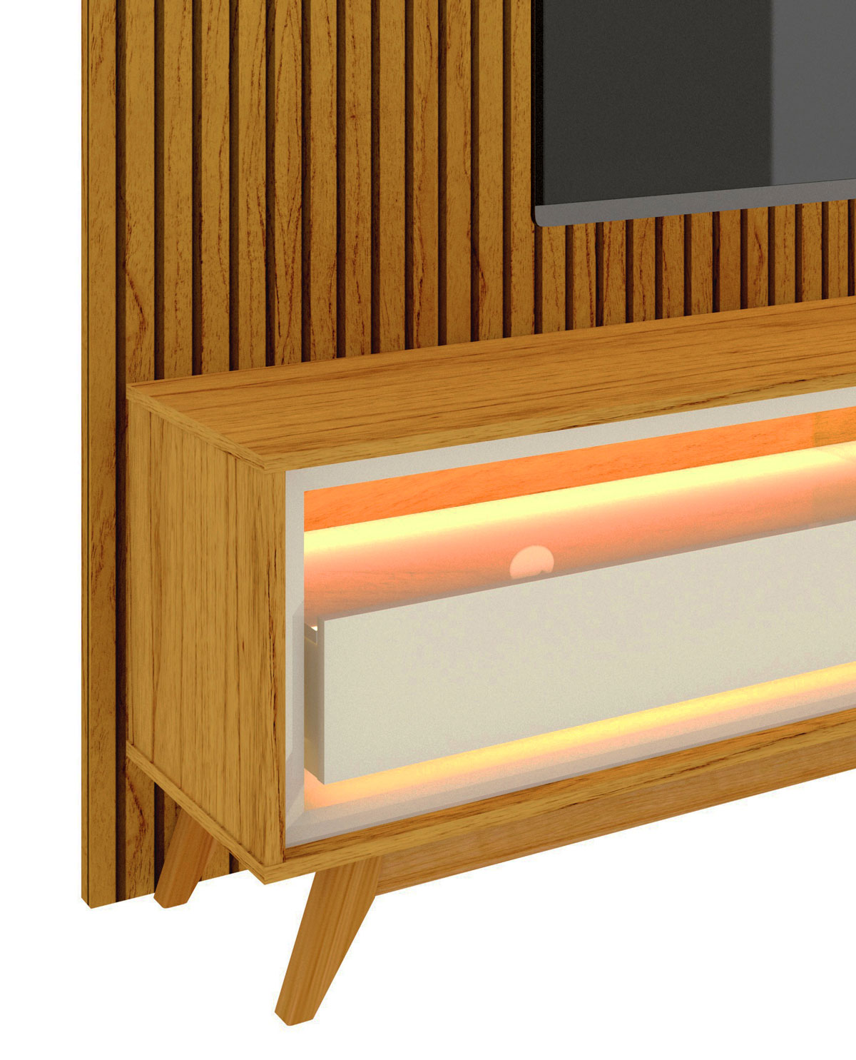 Rack com Painel Requinte Retrô 2.2 Ripado 3D com Led Requinte Naturale com Off White - Gelius Móveis