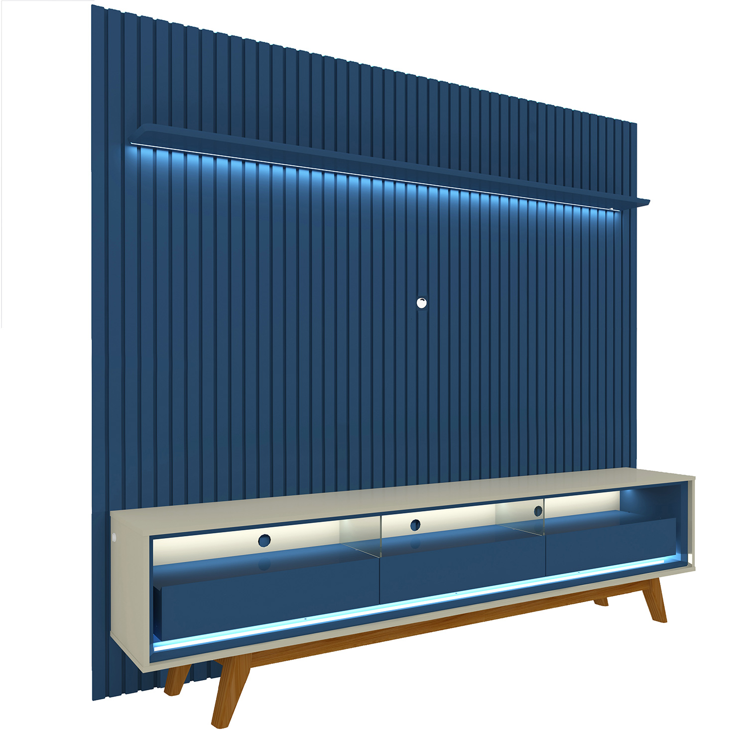 Rack com Painel Ripado com Led Nobre 2.3 Azul Royal com Off White - Gelius Móveis