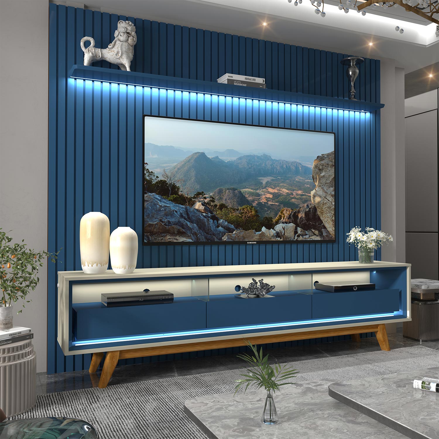 Rack com Painel Ripado com Led Nobre 2.3 Azul Royal com Off White - Gelius Móveis