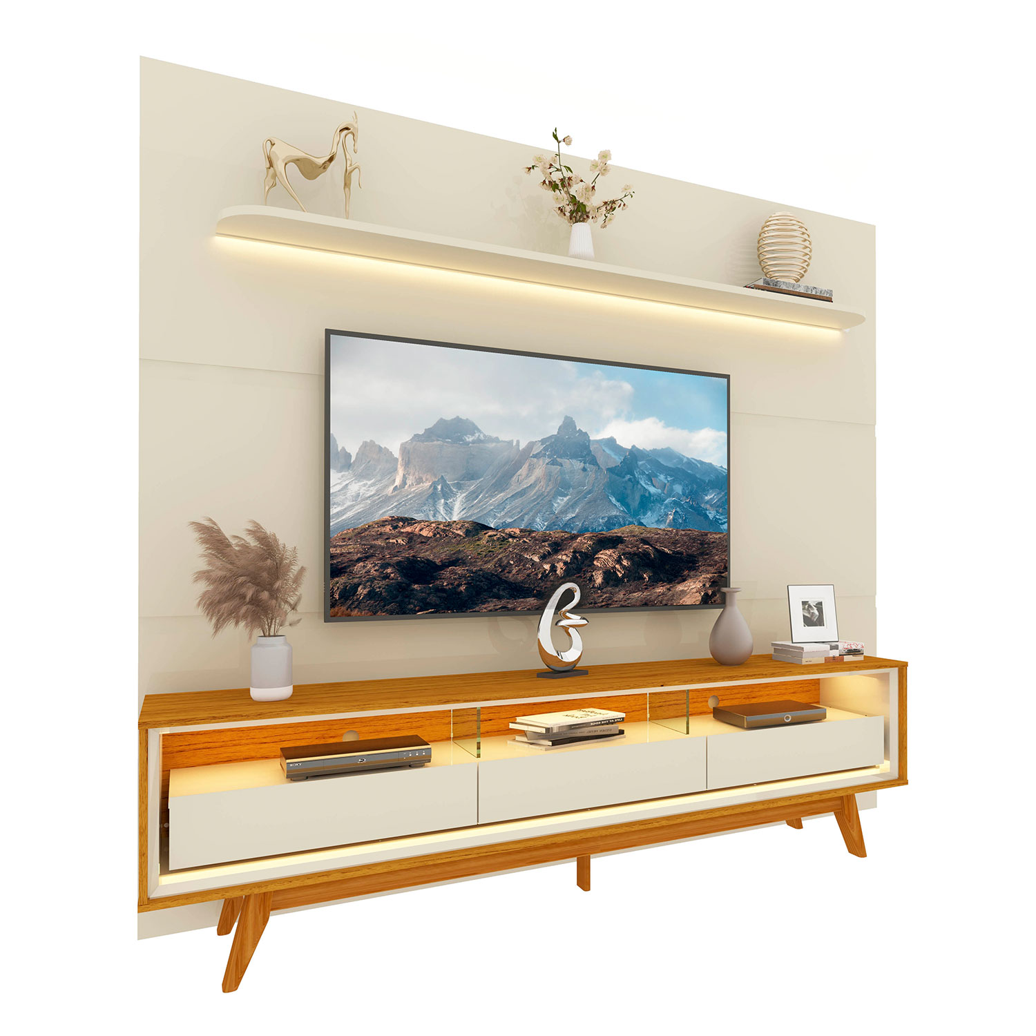 Rack com Painel Royal/Requinte 2.2 C/Pés Madeira Off White com Naturale - Gelius Móveis