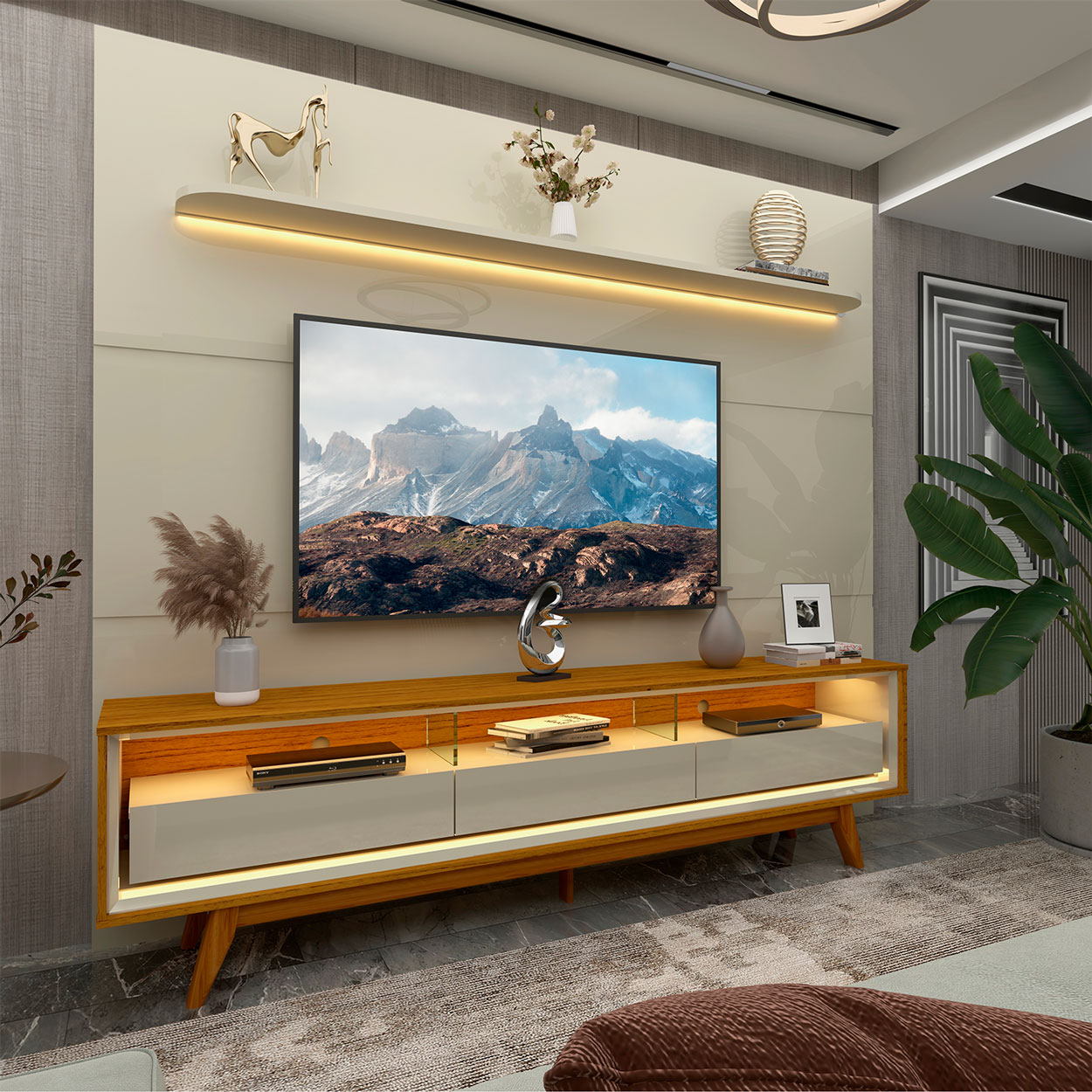 Rack com Painel Royal/Requinte 2.2 C/Pés Madeira Off White com Naturale - Gelius Móveis