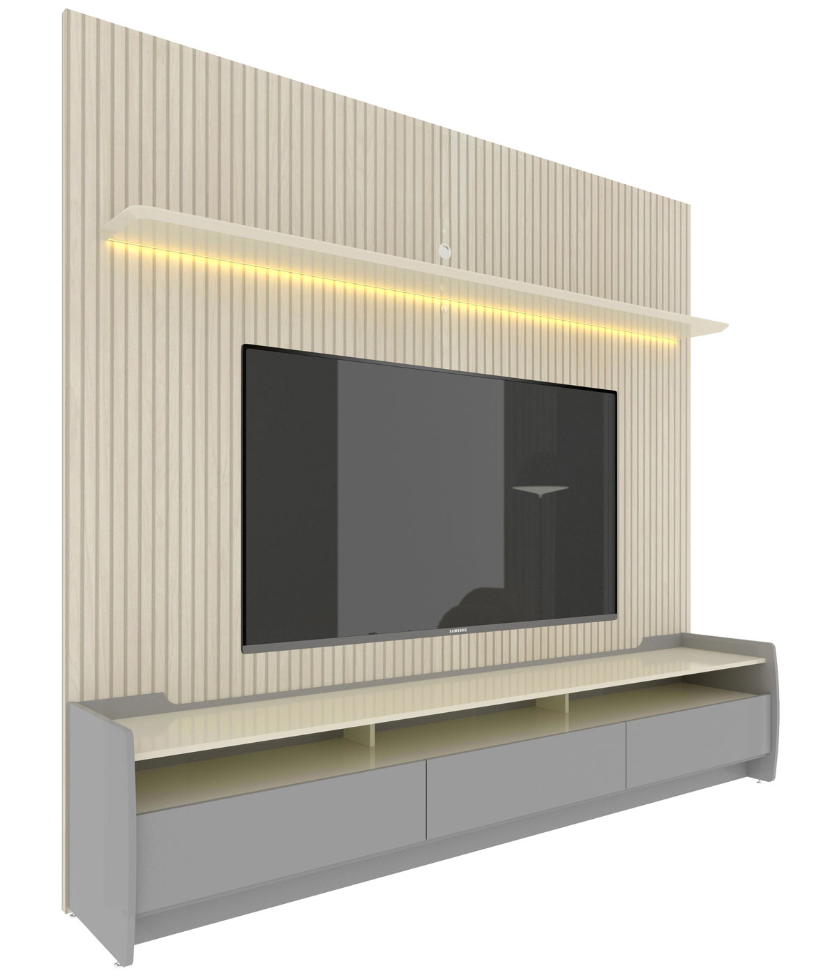 Rack com Painel Sublime 2.2 Ripado 3D com Led Cinza com Off White - Gelius Móveis