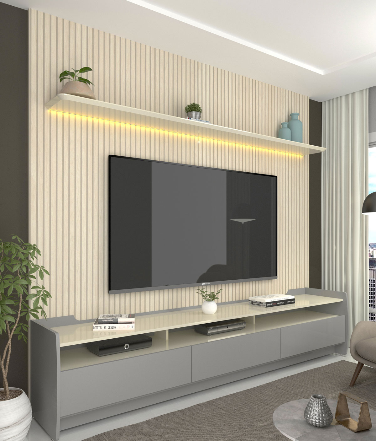 Rack com Painel Sublime 2.2 Ripado 3D com Led Cinza com Off White - Gelius Móveis