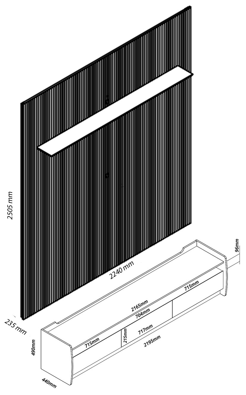 Rack com Painel Sublime 2.2 Ripado 3D com Led Cinza com Off White - Gelius Móveis