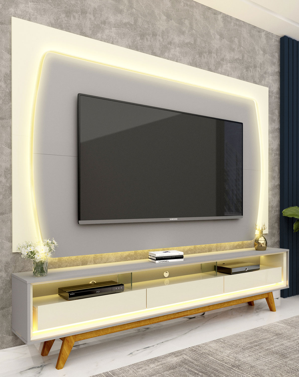 Rack com Painel Sublime 2.2 com Led Cinza com Off White - Gelius Moveis